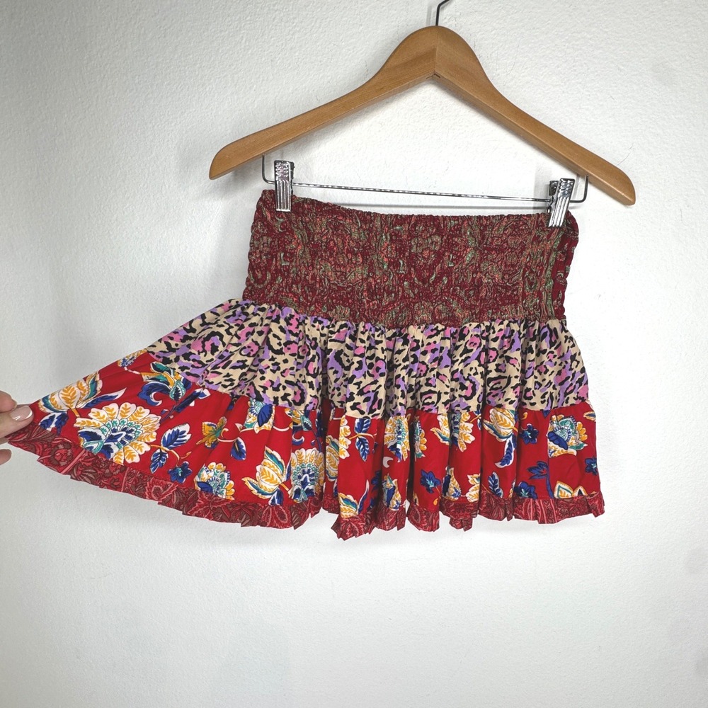 Mocmoc Patchwork Smocked‎ Tiered Ruffle Micro Mini Skirt Red Leopard Floral Boho
